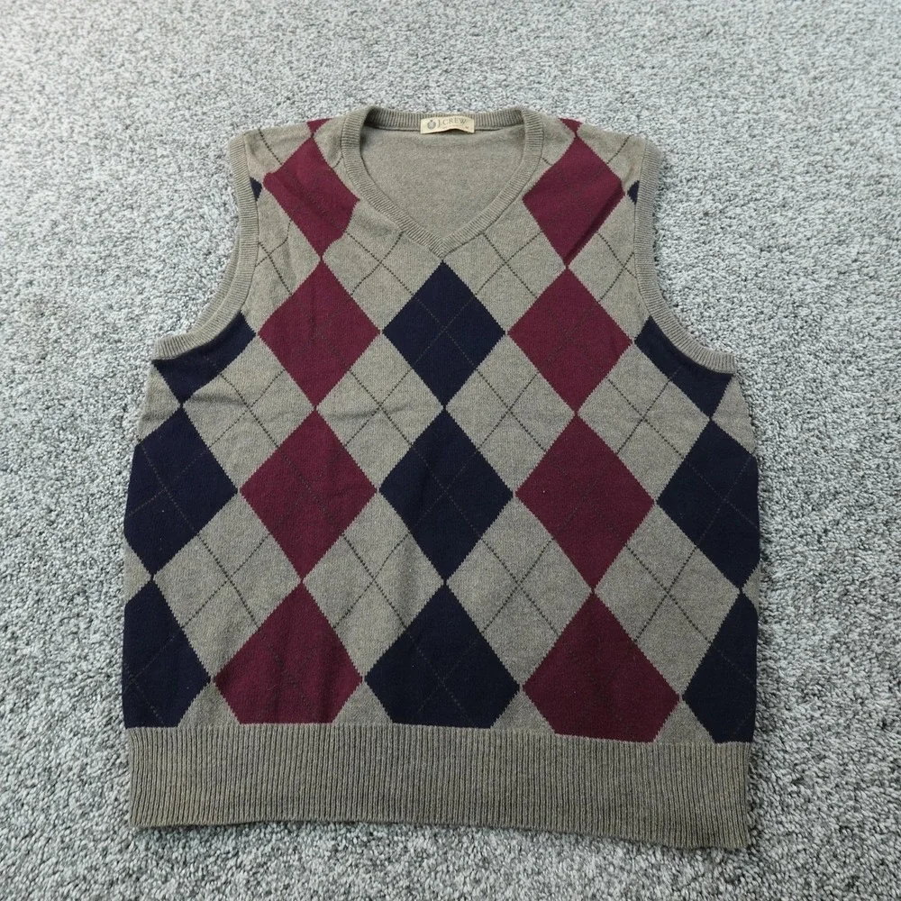 J Crew Sweater Vest Mens M Gray Cotton Cashmere Argyle V Neck Knit Pullover Dad